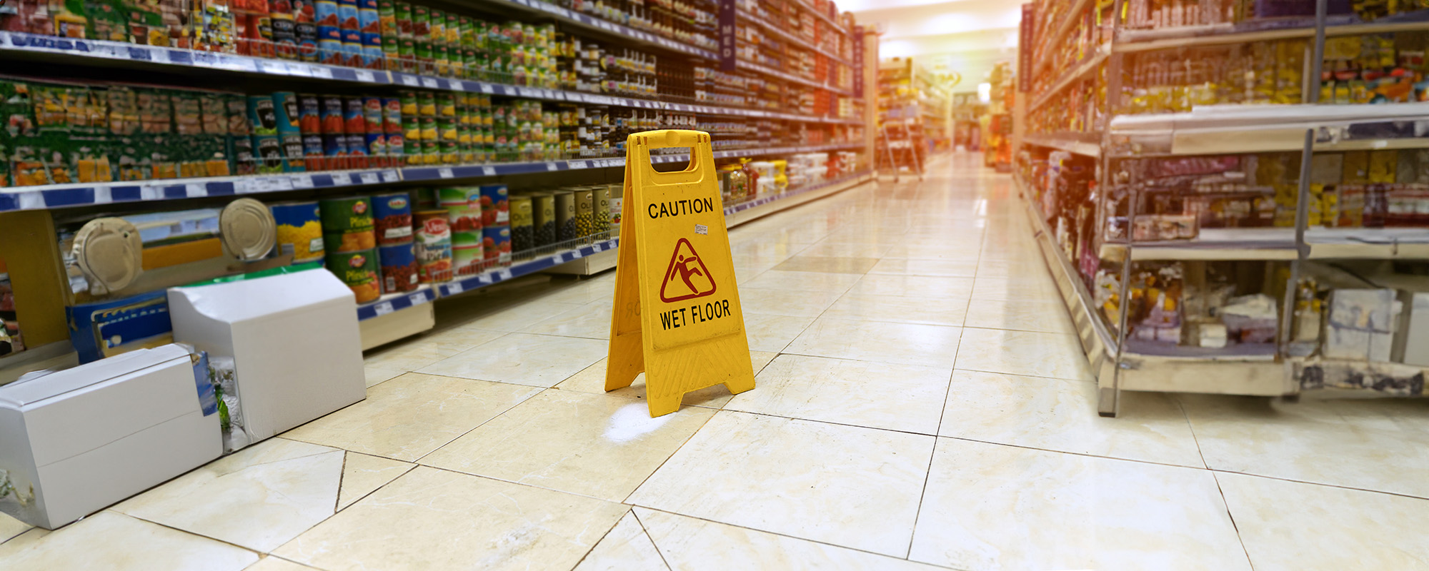 wet floor sign in grocery store