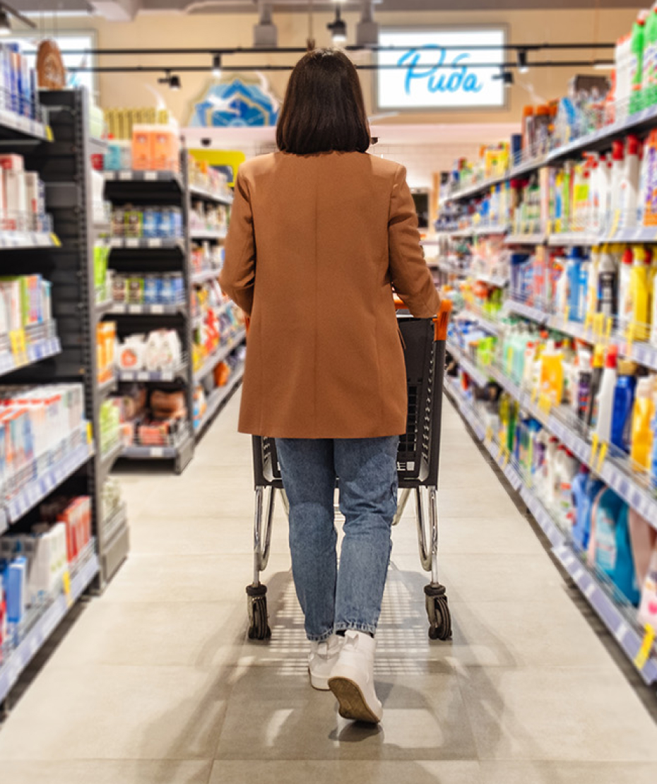 woman using a shopping cart in a grocery store